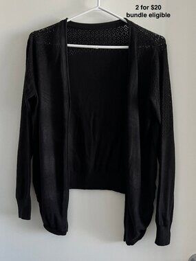 CHEN AN Black Pointelle Knit Cardigan Open Front Lightweight